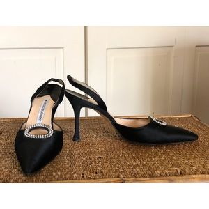 Black Satin Slingback Heels with Rhinestone Detail